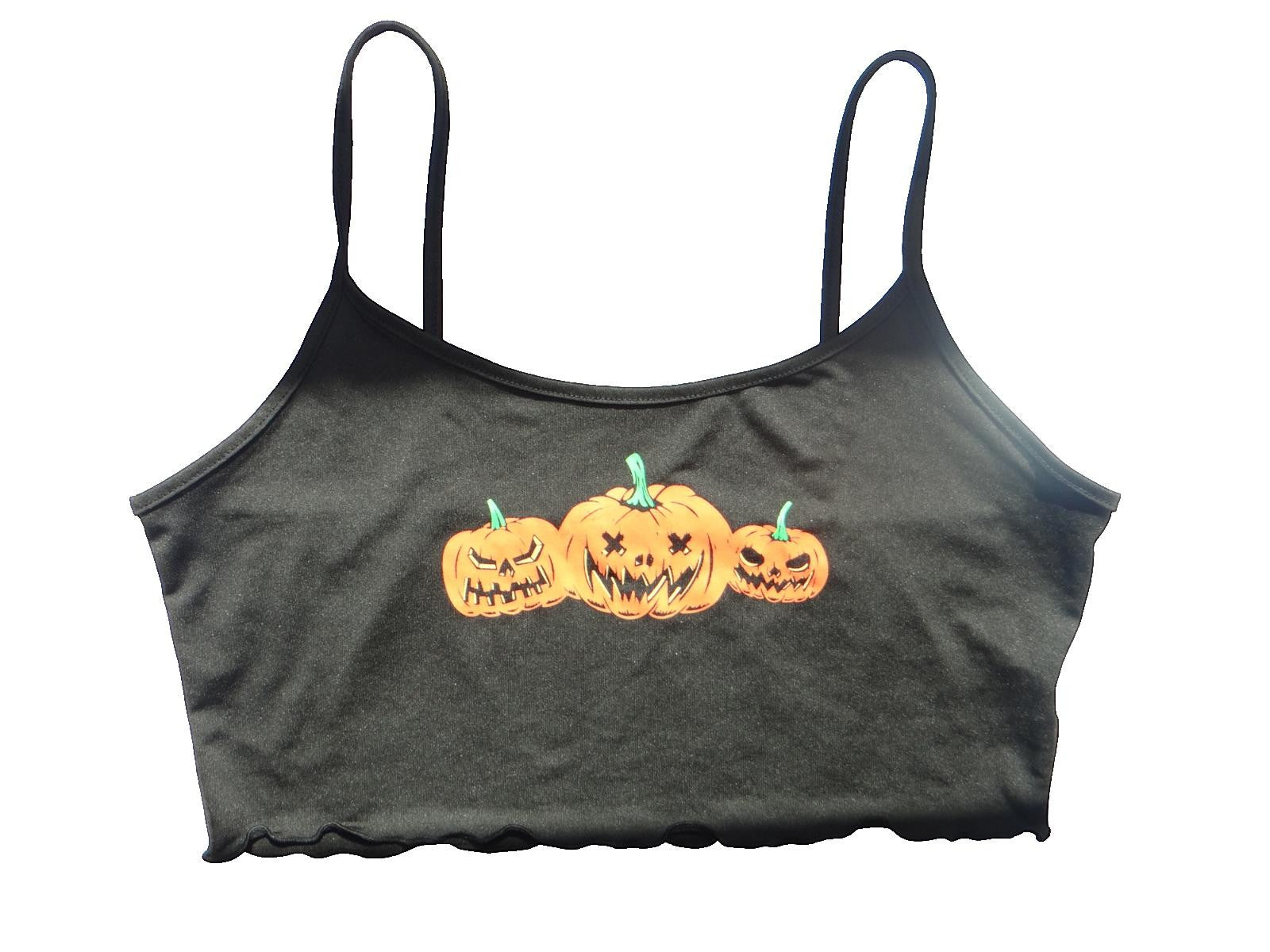 Black Women's Crop Tank Top with Halloween Pumpkin Print