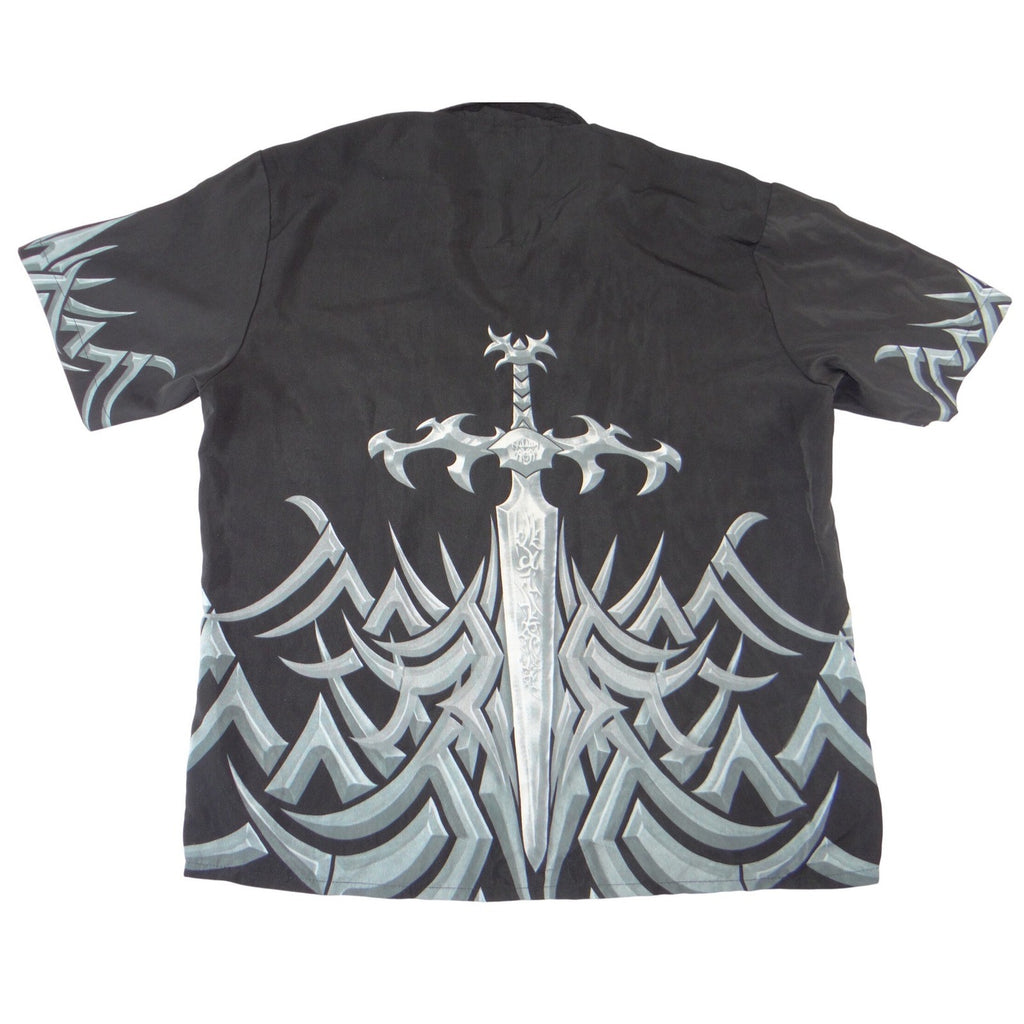 Sapphire Lounge Mens XL Black Silver Sword Tribal Graphic Button Down Shirt Y2K