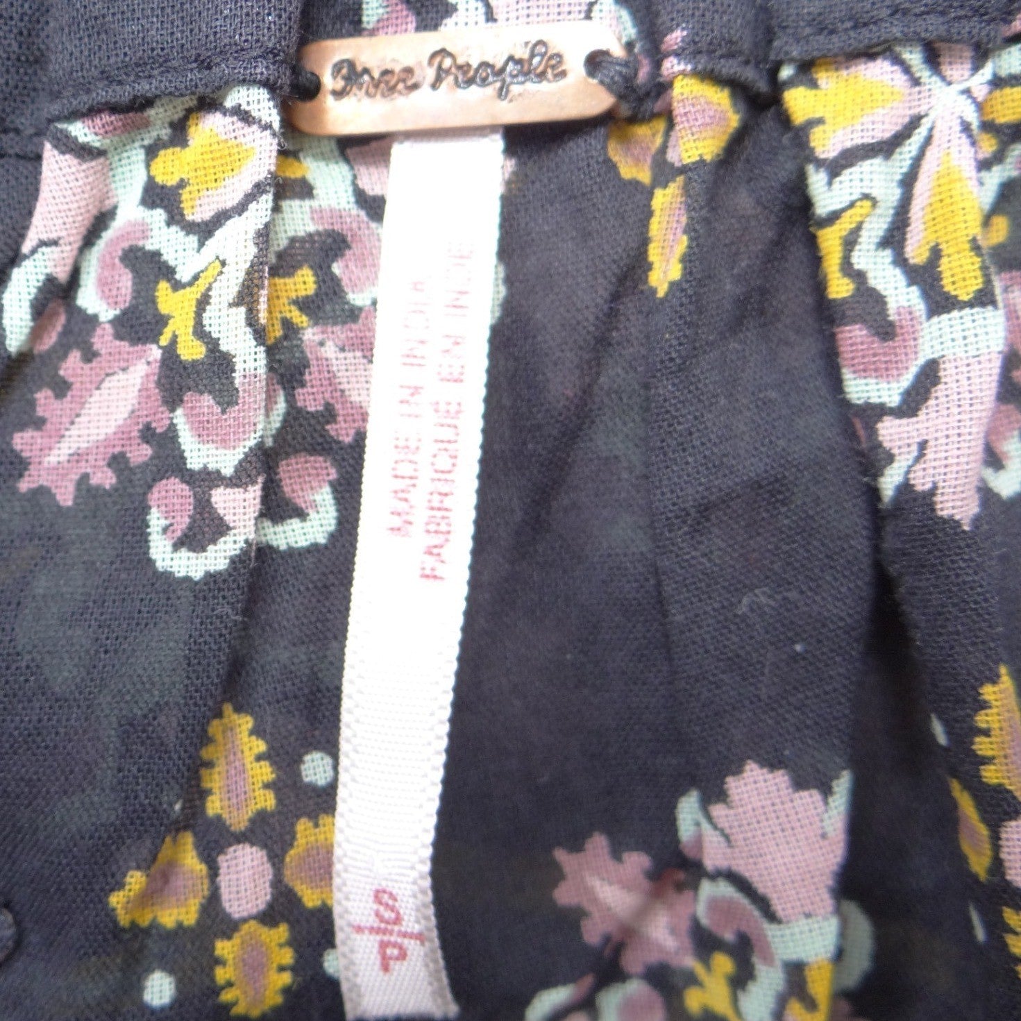 Free People Medallion Print Ruffle Crop Top Navy Pink Yellow Smocked Small
