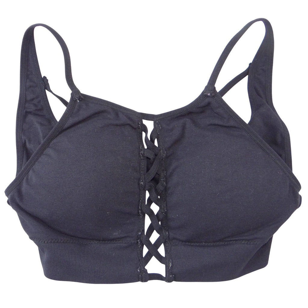 Black Lace Up Front Sports Bra Removable Pads Sleeveless Activewear
