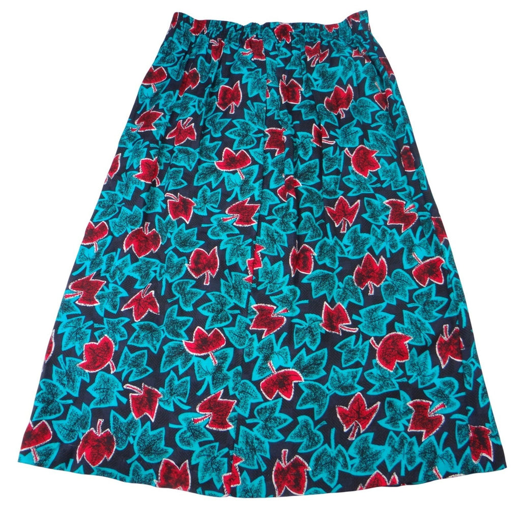 Vintage Greenwich Square Teal Red Leaf Print Midi Skirt Size 13-14 Elastic Waist
