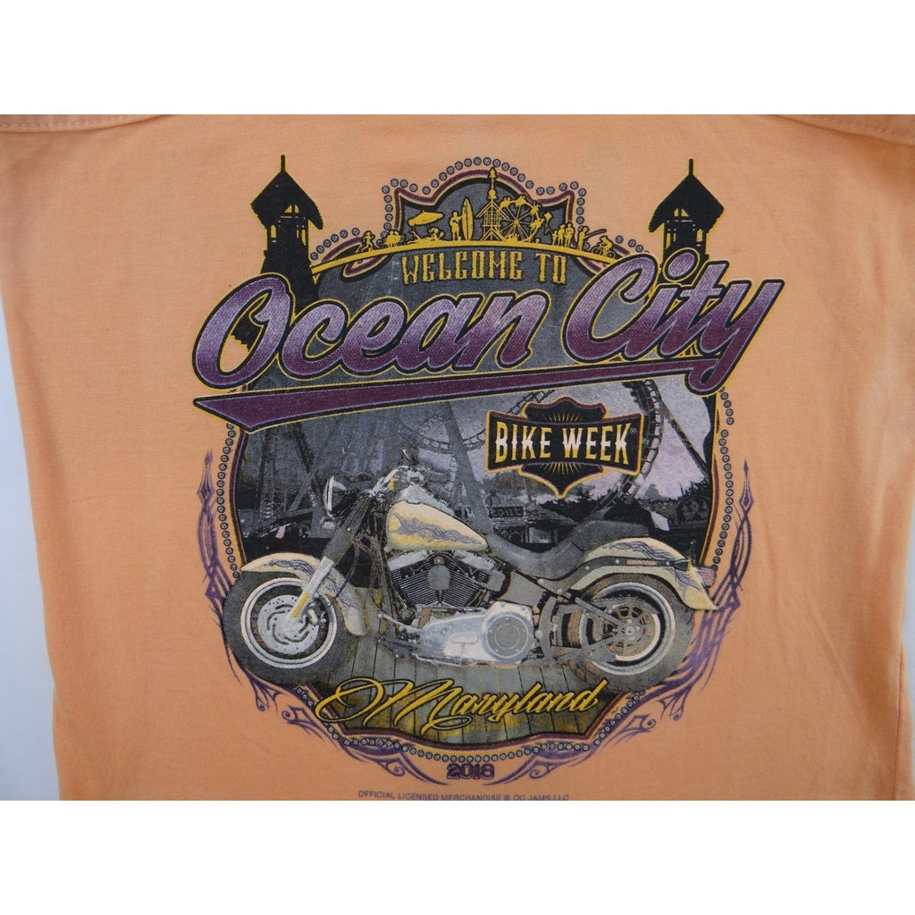 Ocean City Bike Week 2018 Orange Tank Top Women's Large Racerback Graphic Tee