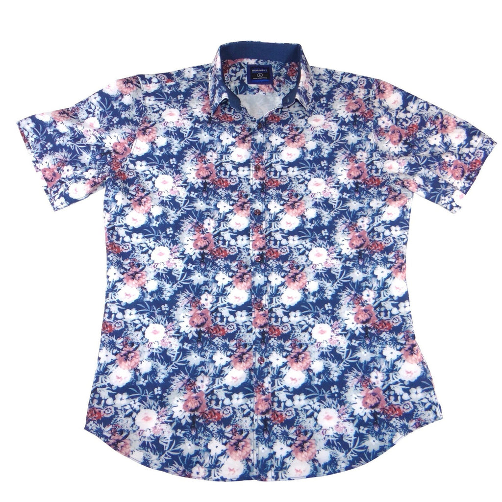 Monument Mens Large Floral Short Sleeve Button Down Shirt Blue Pink White