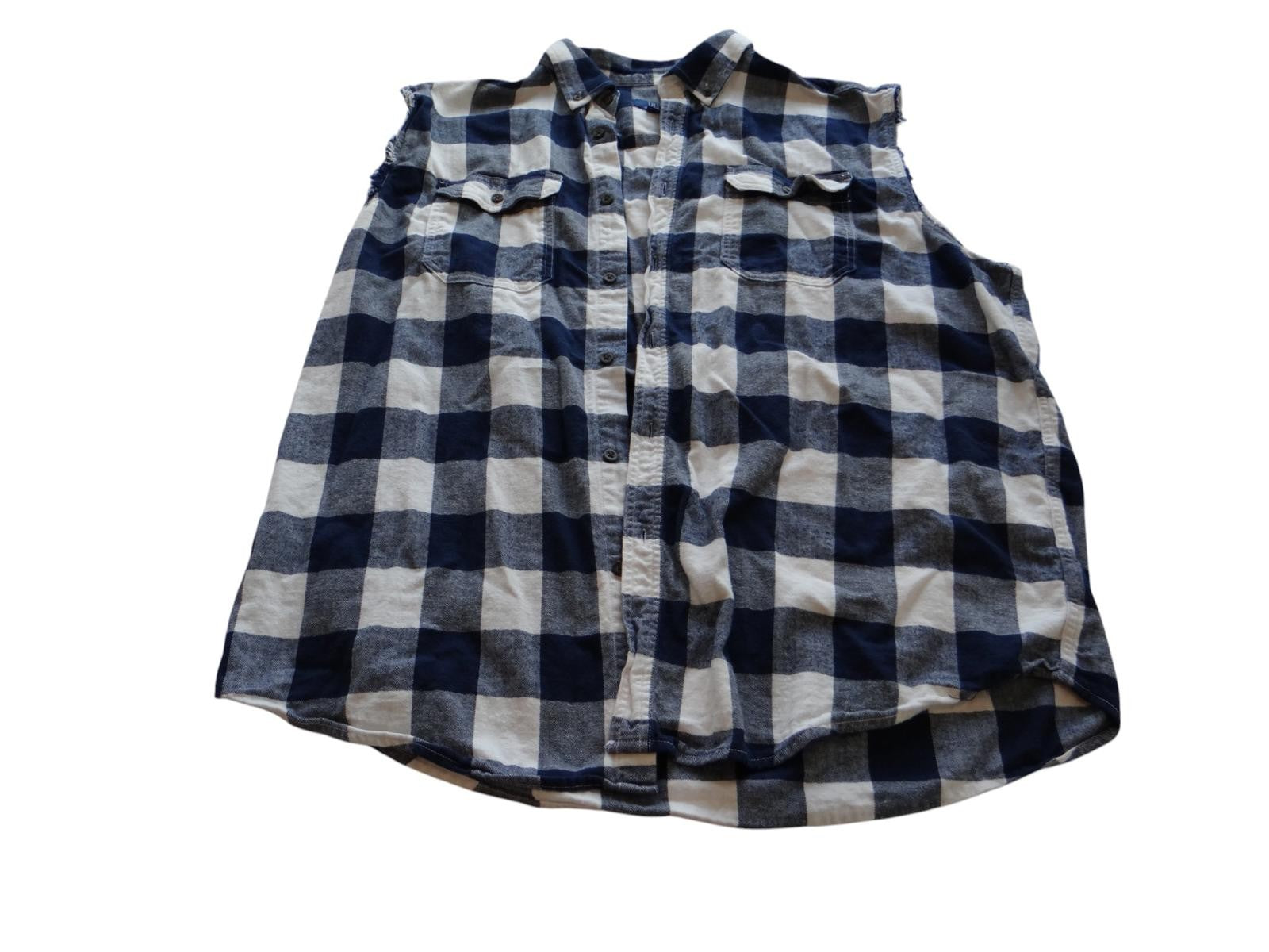 George Men's Sleeveless Distressed Cut Off Blue and White Check Casual Shirt XL