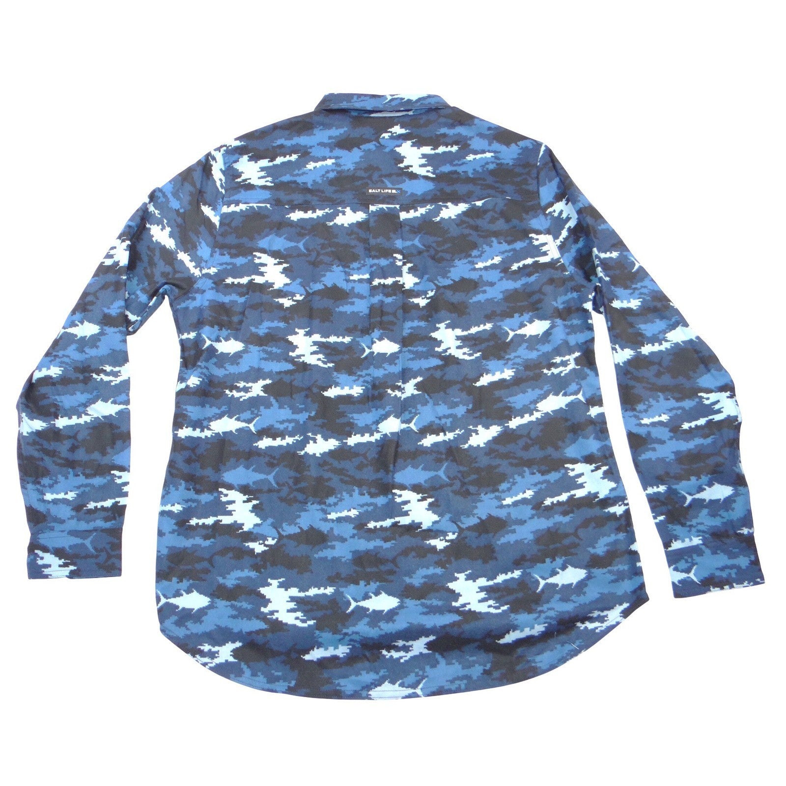 NWT-Salt Life SLX Mens Medium Blue Black Fish Camo Long Sleeve Button Down