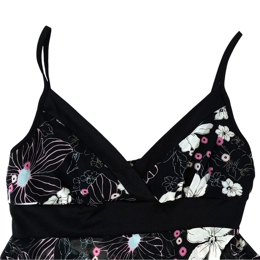 Y2k Black Floral Print Tank Flowy Handkerchief Hem Tank Top Women's Size Small