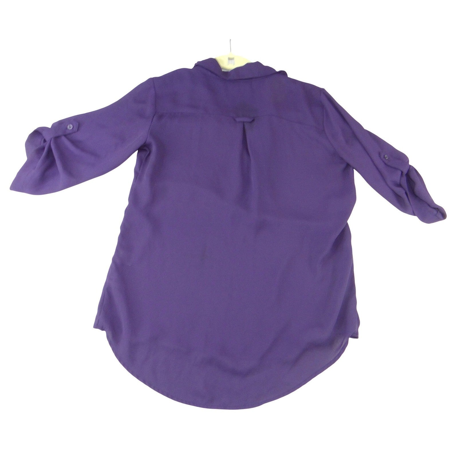 New York & Company Purple Roll Tab Sleeve Split V-Neck Blouse Small