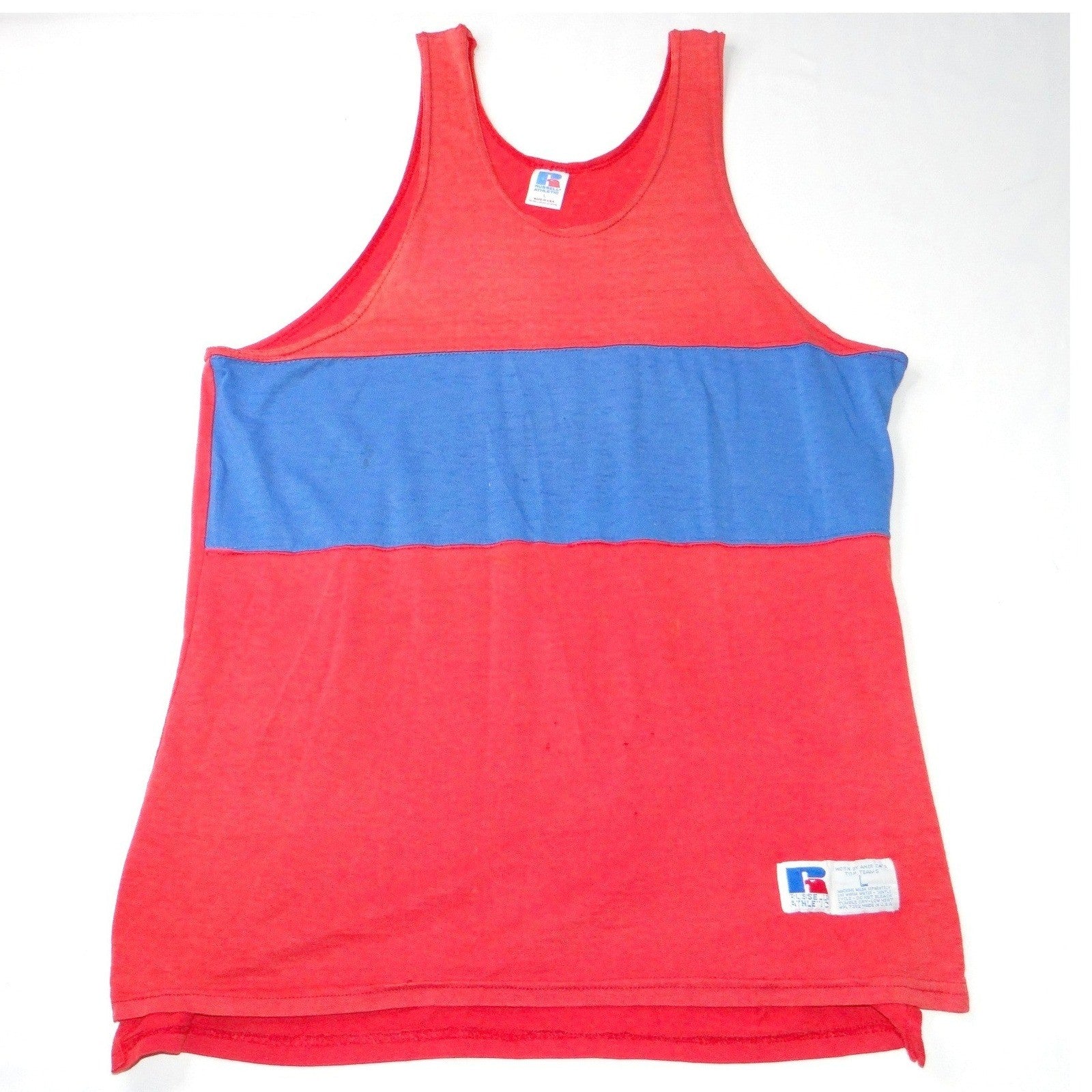 VTG Russell Athletic Men Red Blue Stripe Tank Top Athletic Fit Sz Large USA Made