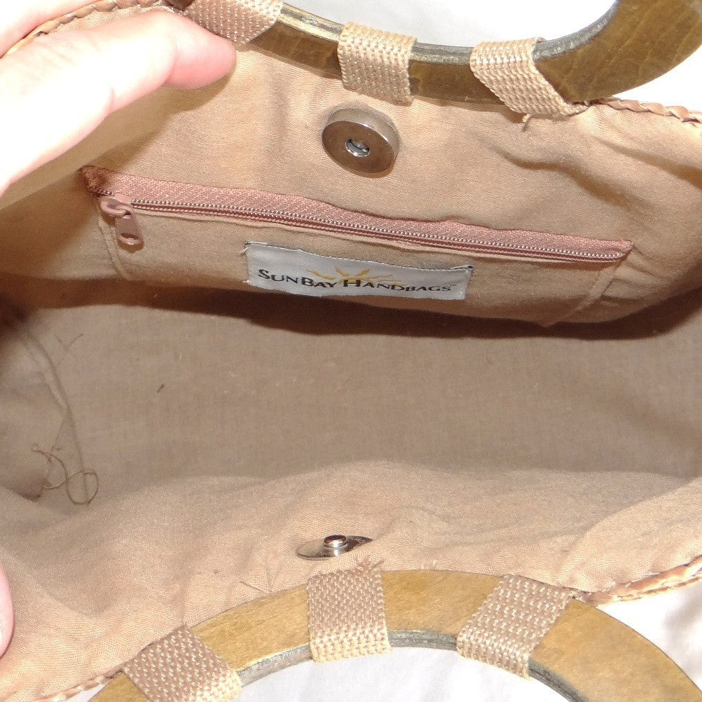 SunBay Handbags Woven Straw Tote Bag Natural Tan Wood Ring Handle Summer Beach