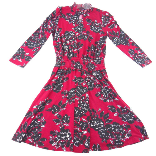 Adrienne Vittadini Red Black Floral Smocked Waist Midi Dress Long Sleeve Small