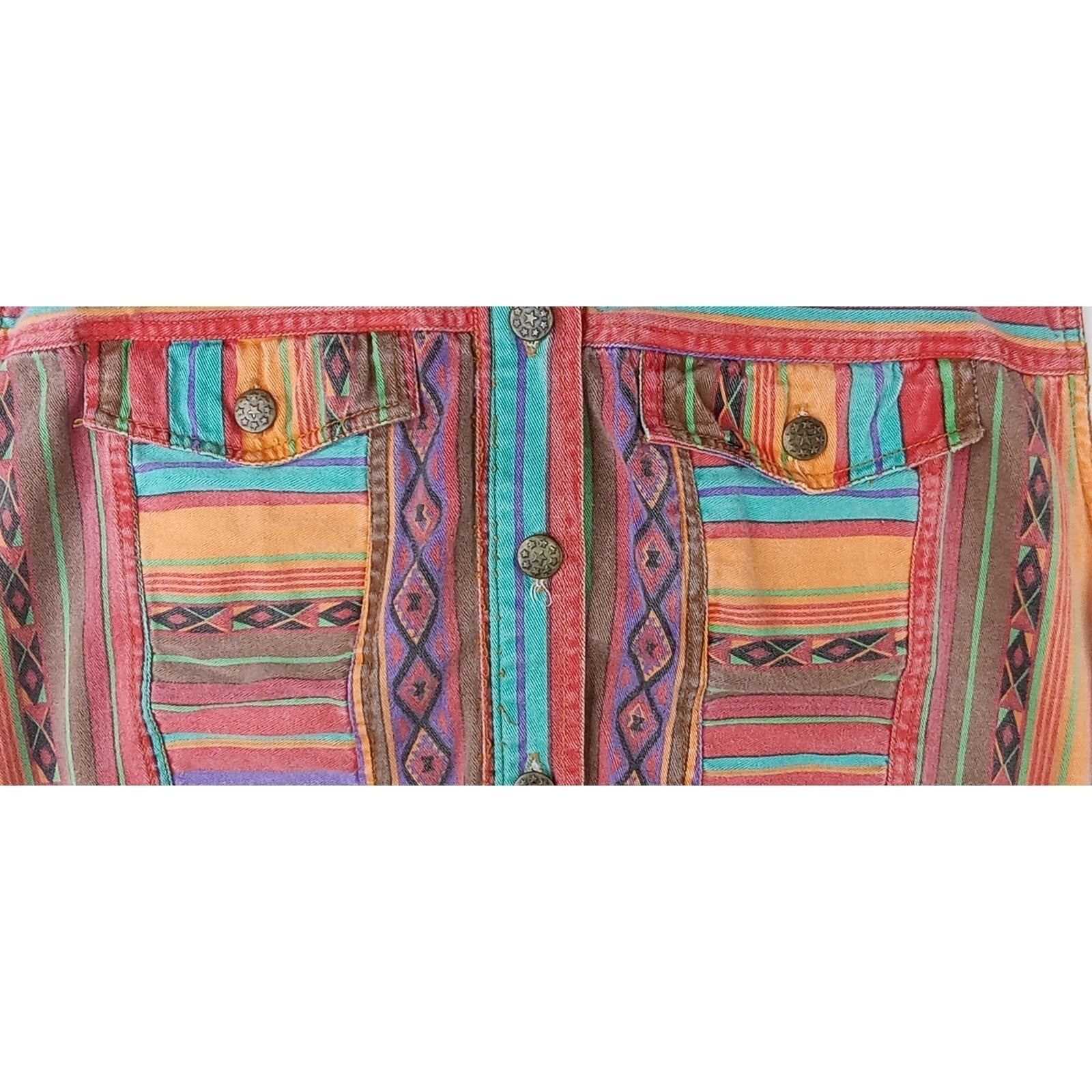VTG Take a Break Western Aztec Print Denim Vest Women's XL Sleeveless Button Up