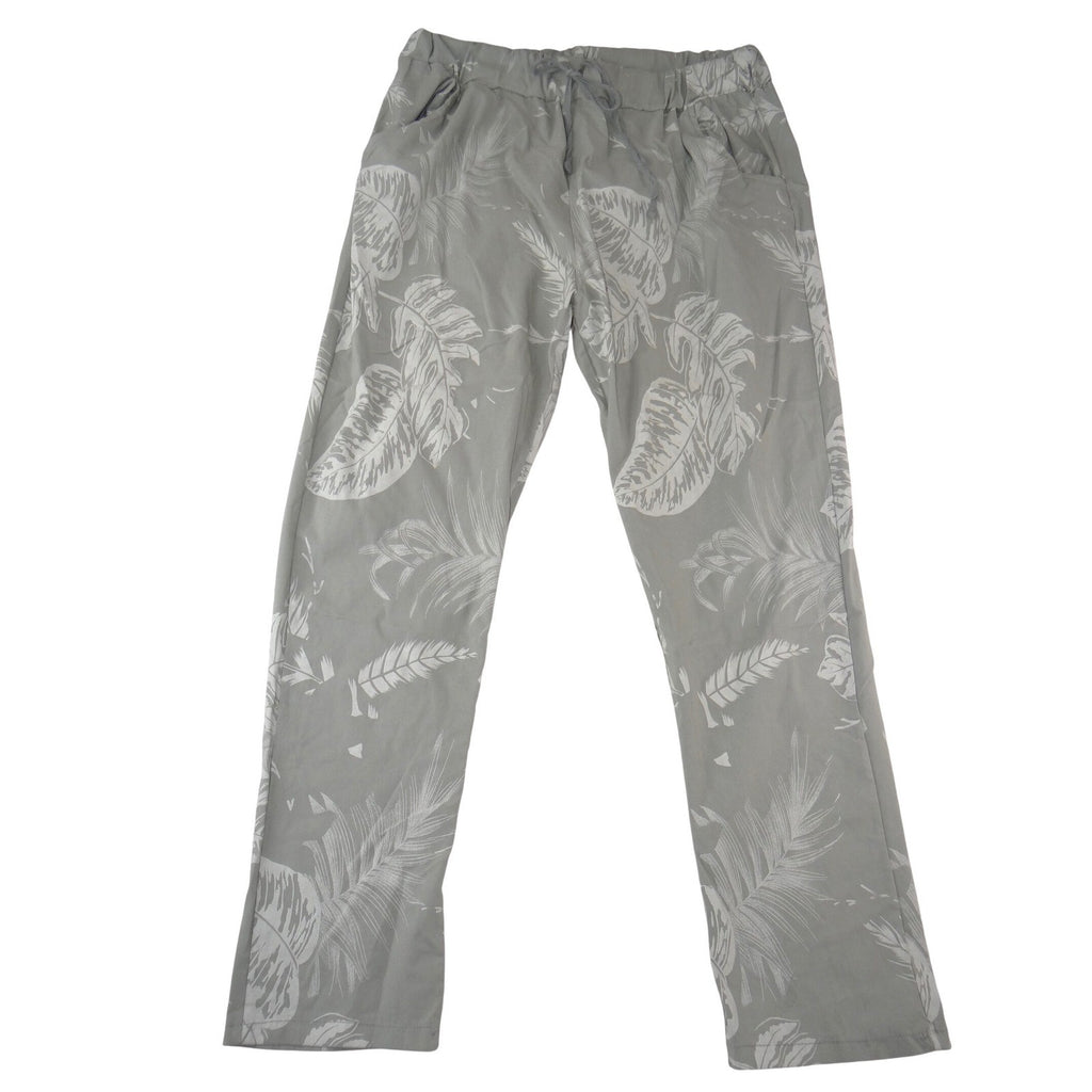 Made In Italy Tropical Leaf Print Pants Sage Green Viscose Blend Large