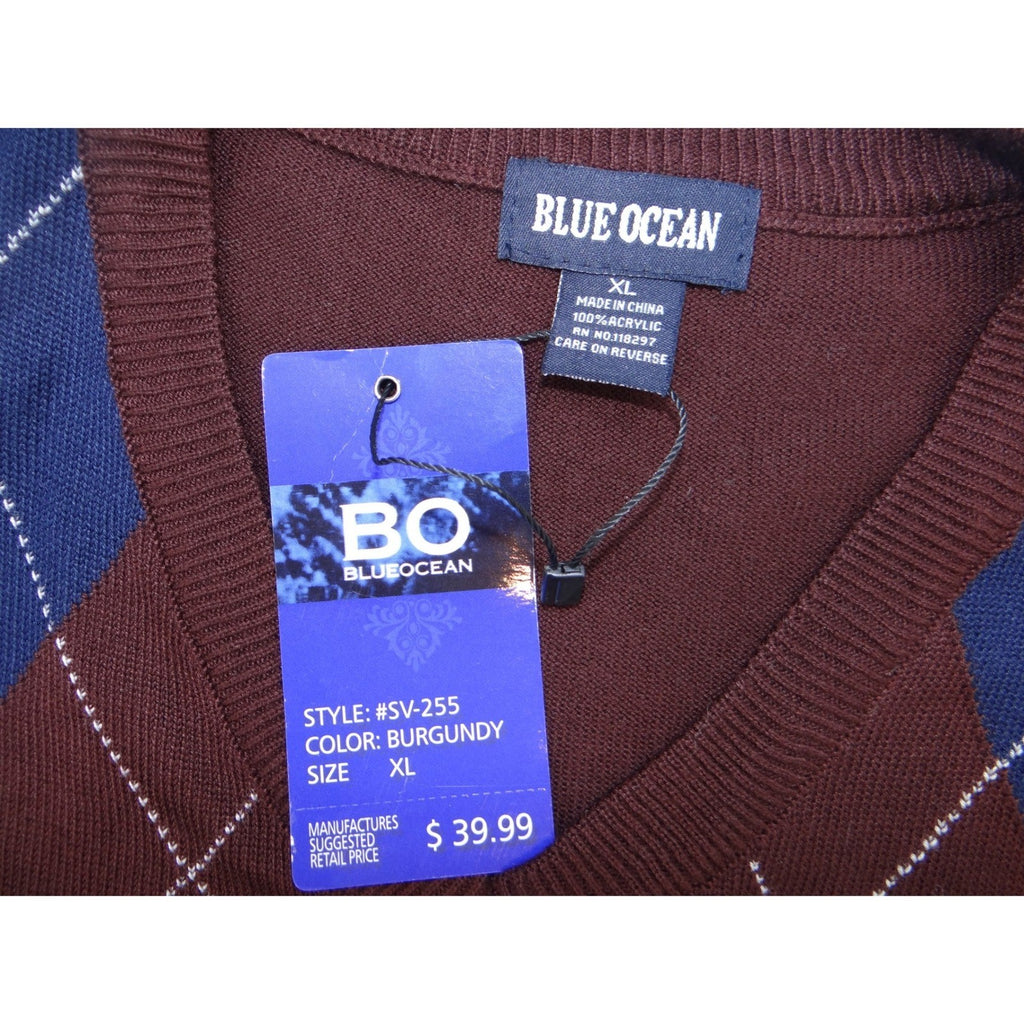 NWT-Blue Ocean Mens Burgundy Argyle V Neck Sweater Vest XL Acrylic Sleeveless