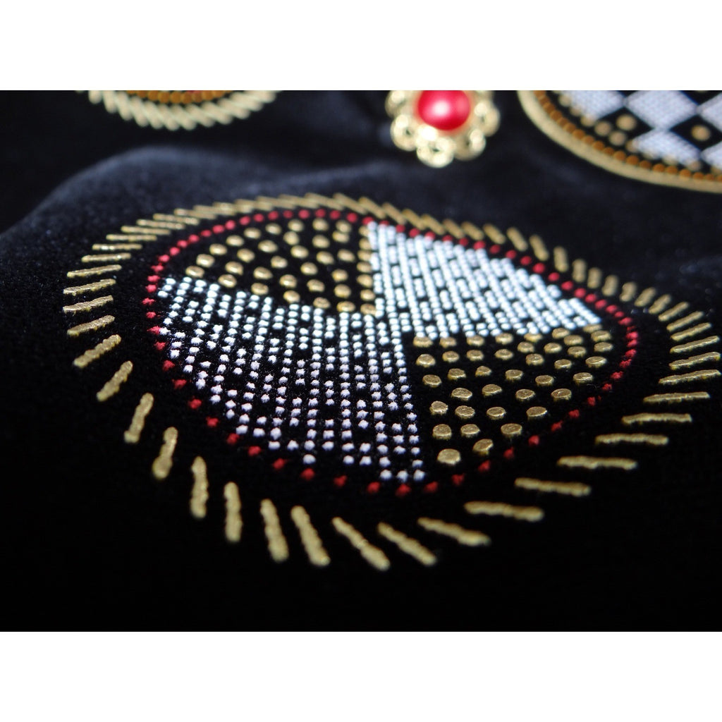 Stunning Vintage Black Velvet Geometric Print Vest with Red Gem Buttons