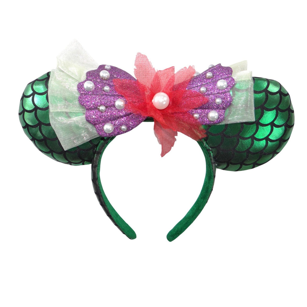 Mermaid Mouse Ears Headband Green Scale Purple Glitter Shell Bow Kids