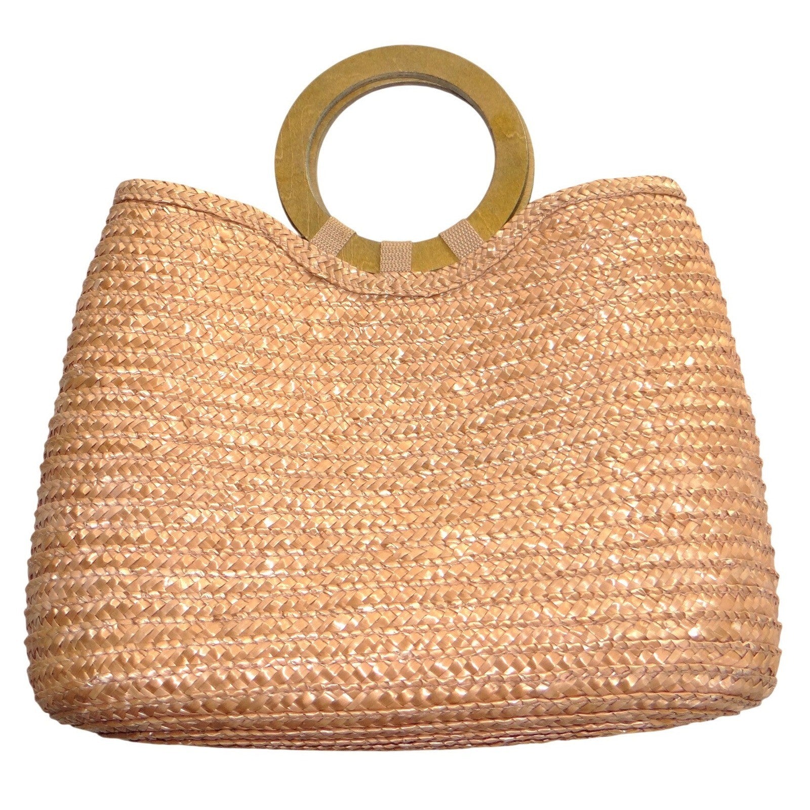 SunBay Handbags Woven Straw Tote Bag Natural Tan Wood Ring Handle Summer Beach