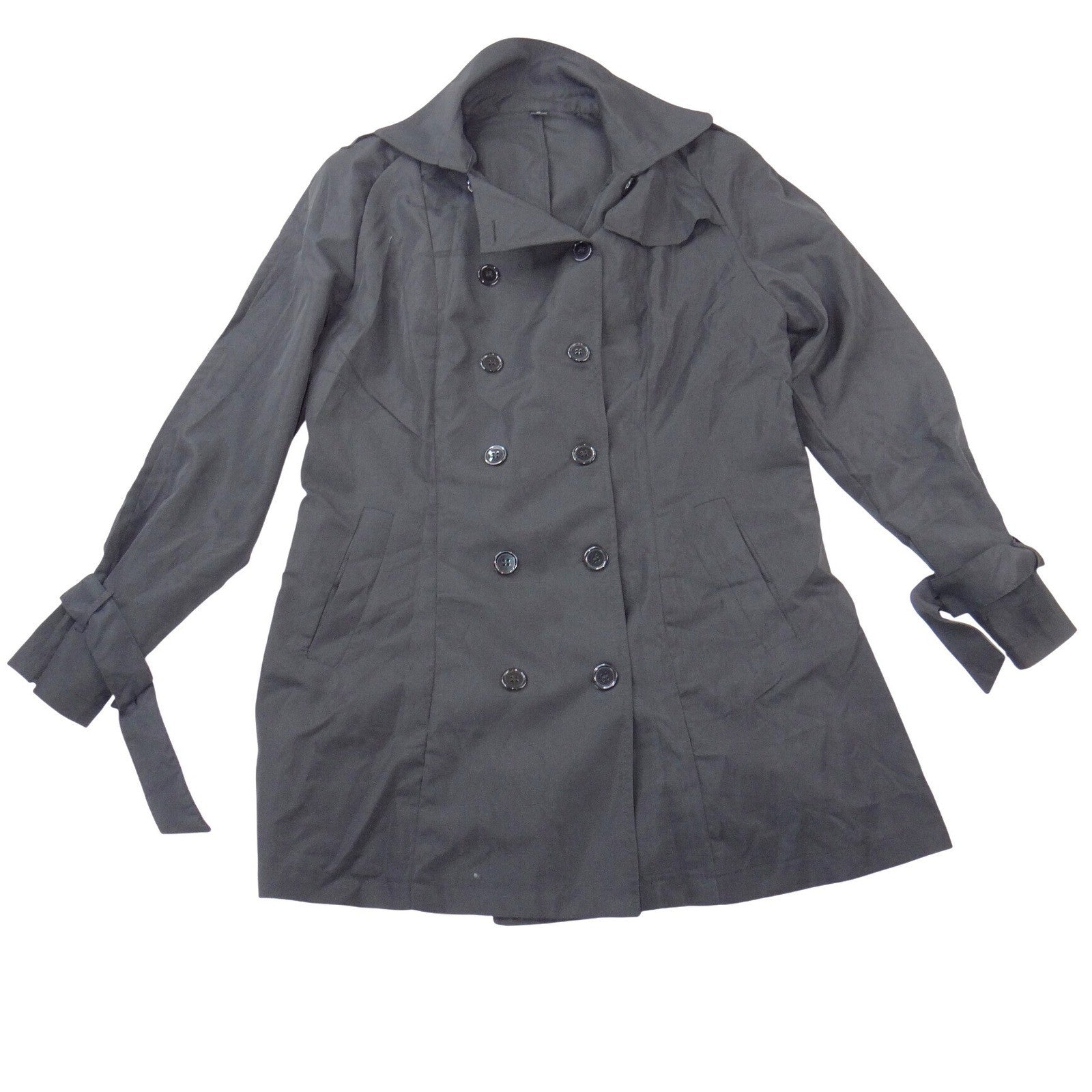 Womens Black Double Breasted Trench Coat XL Cuff Ties Mid Length Jacket