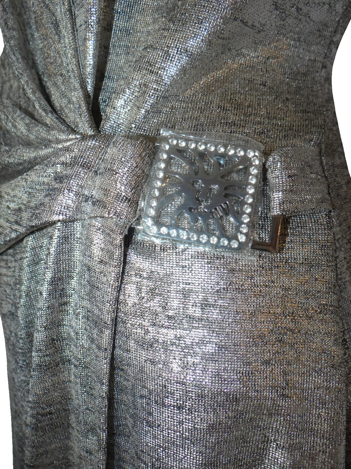 Anne Klein NWOT Silver Metallic Long Sleeve Wrap Dress with Decorative Buckle