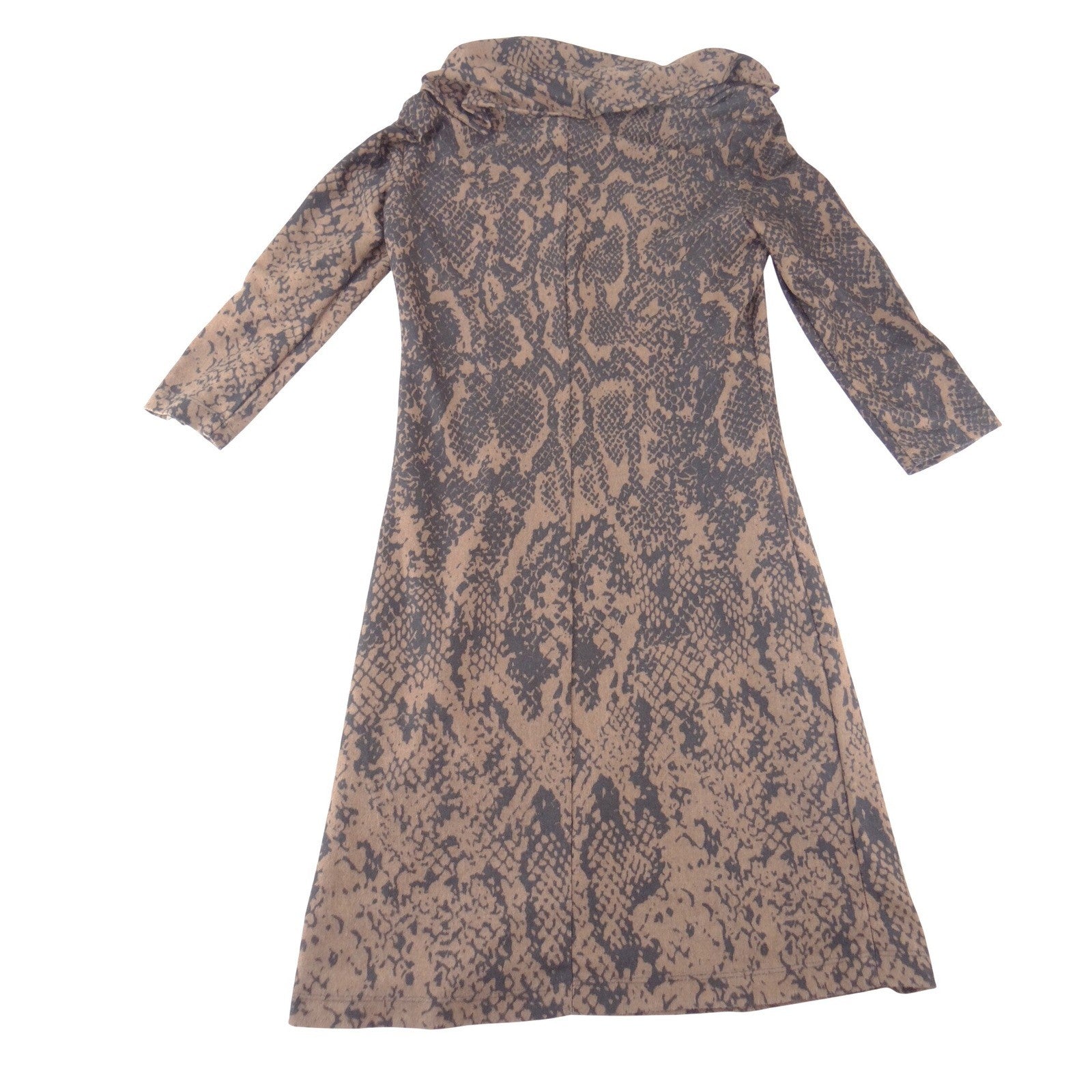 Brown Snakeskin Print Midi Dress Asymmetrical Oversized Collar Long Sleeve