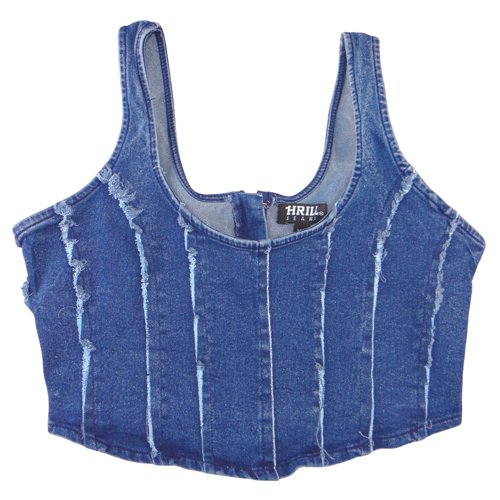 Thrill Jeans Blue Denim Corset Crop Top Frayed Seams Back Zip XL