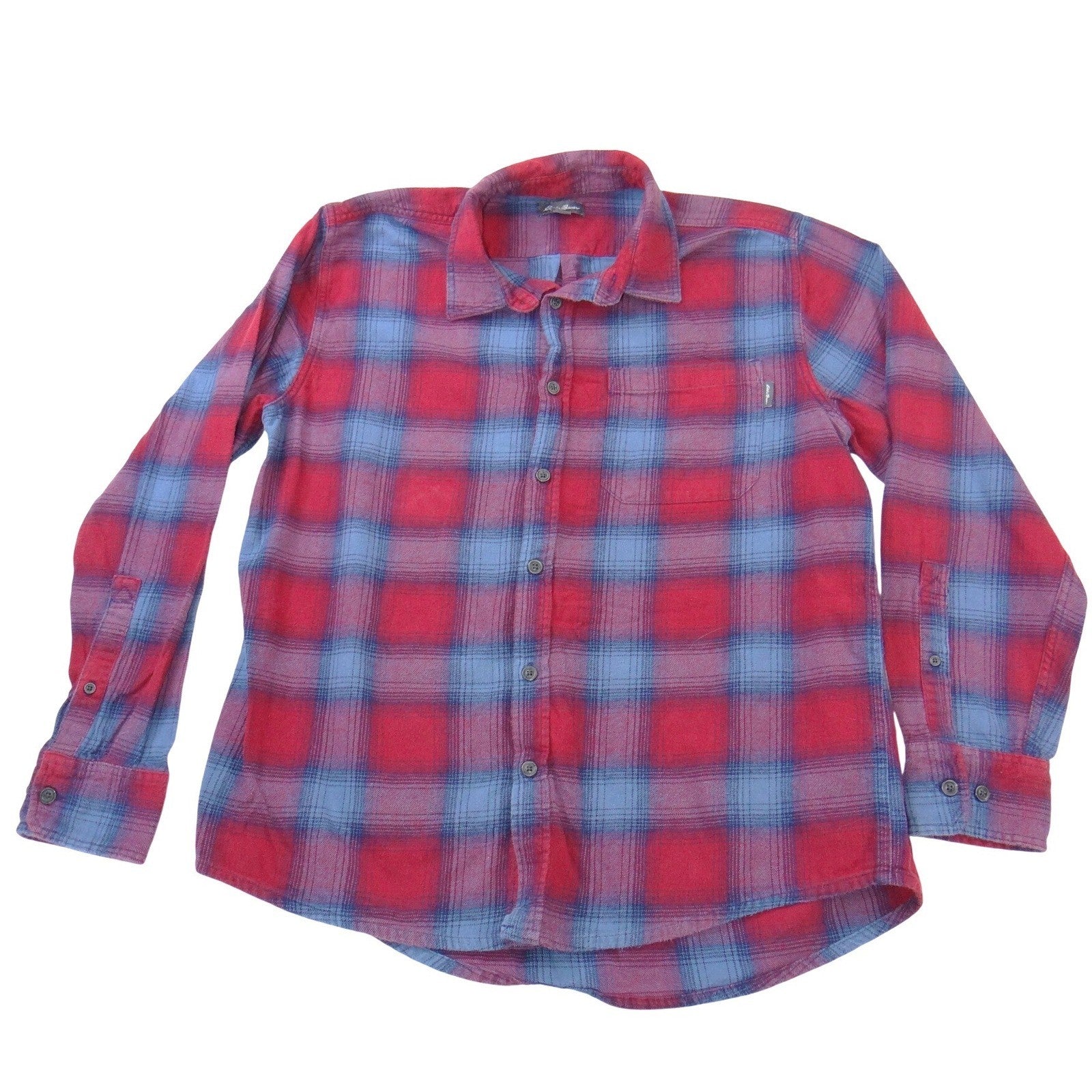 Eddie Bauer Mens Large Red Blue Plaid Flannel Button Down Long Sleeve Shirt L