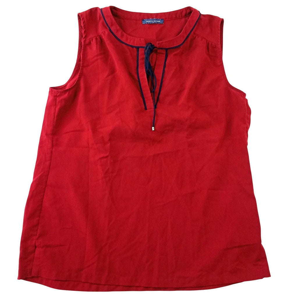 Tommy Hilfiger Womens Red Sleeveless Split Neck Tie Blouse Navy Trim