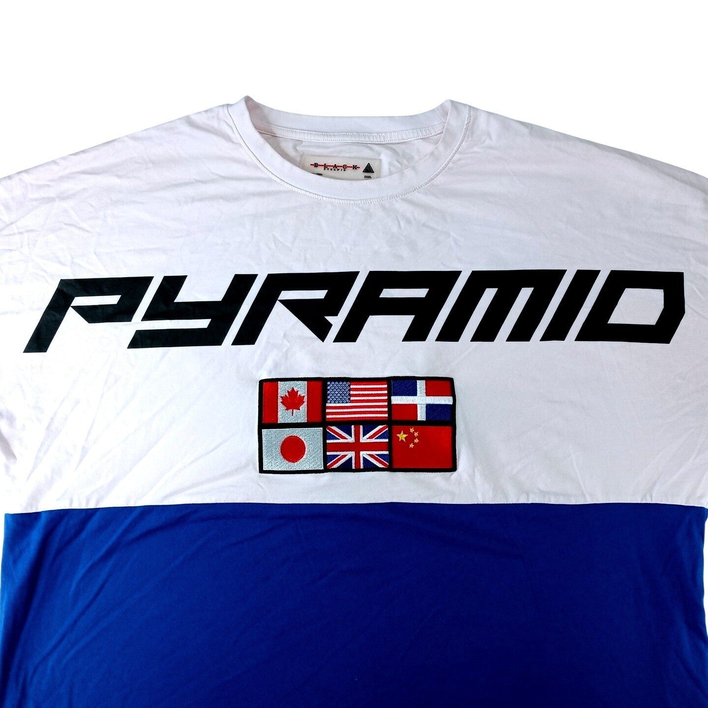 Black Pyramid Sport TShirt Mens XXXL White Blue Red Color Block Flag Patch