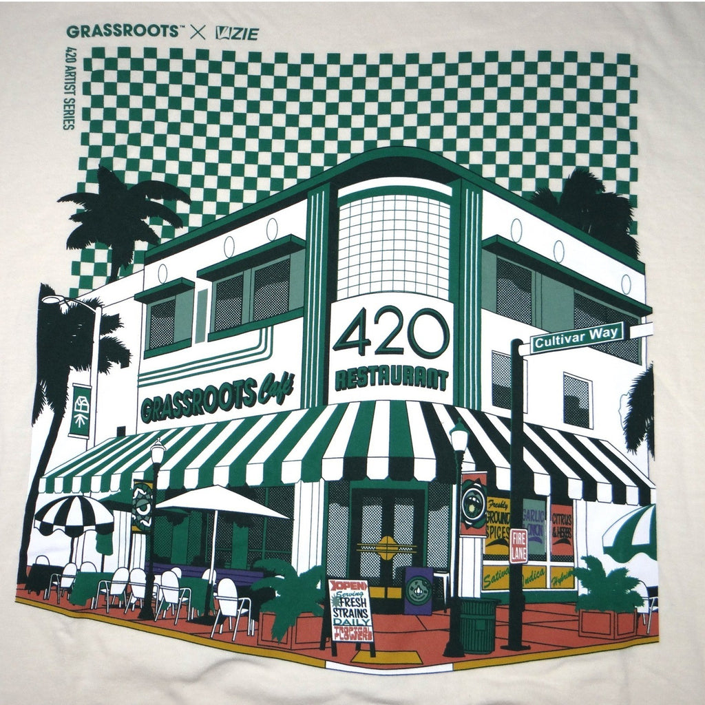 Comfort Colors Grassroots x Lzzie 420 Restaurant Graphic T Shirt Mens 2XL Cream