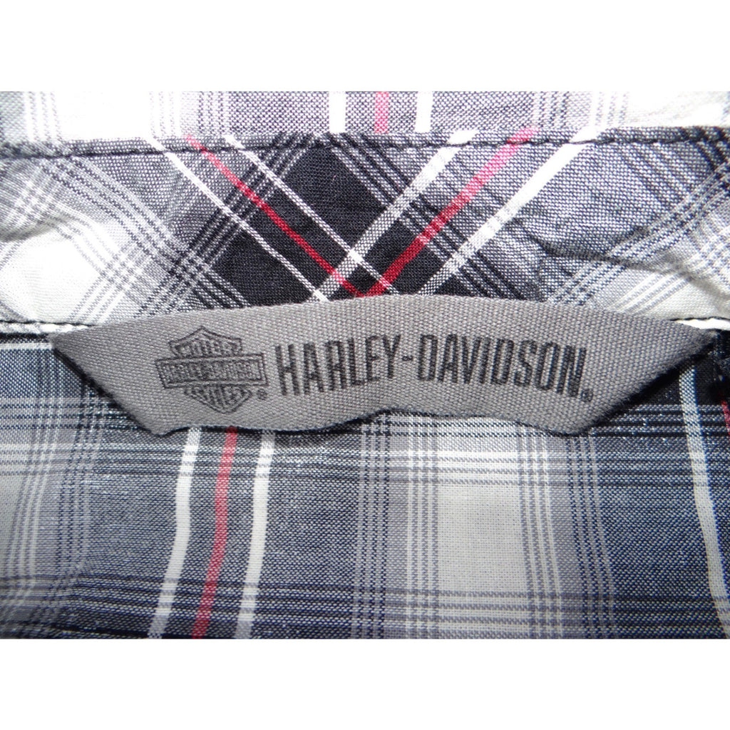 Harley Davidson Womens Sleeveless Plaid Shirt HDMC Button Up Black White Red