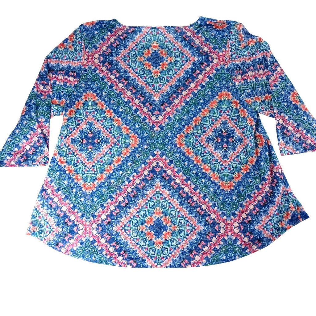 NWT-Ruby Rd. Favorites Woman 3X Blue Floral Geometric Print 3/4 Sleeve Tunic Top