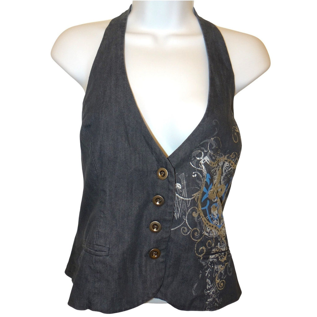 Y2k Womens Dark Wash Denim Halter Vest Fleur-de-lis Graphic Button Up Blue