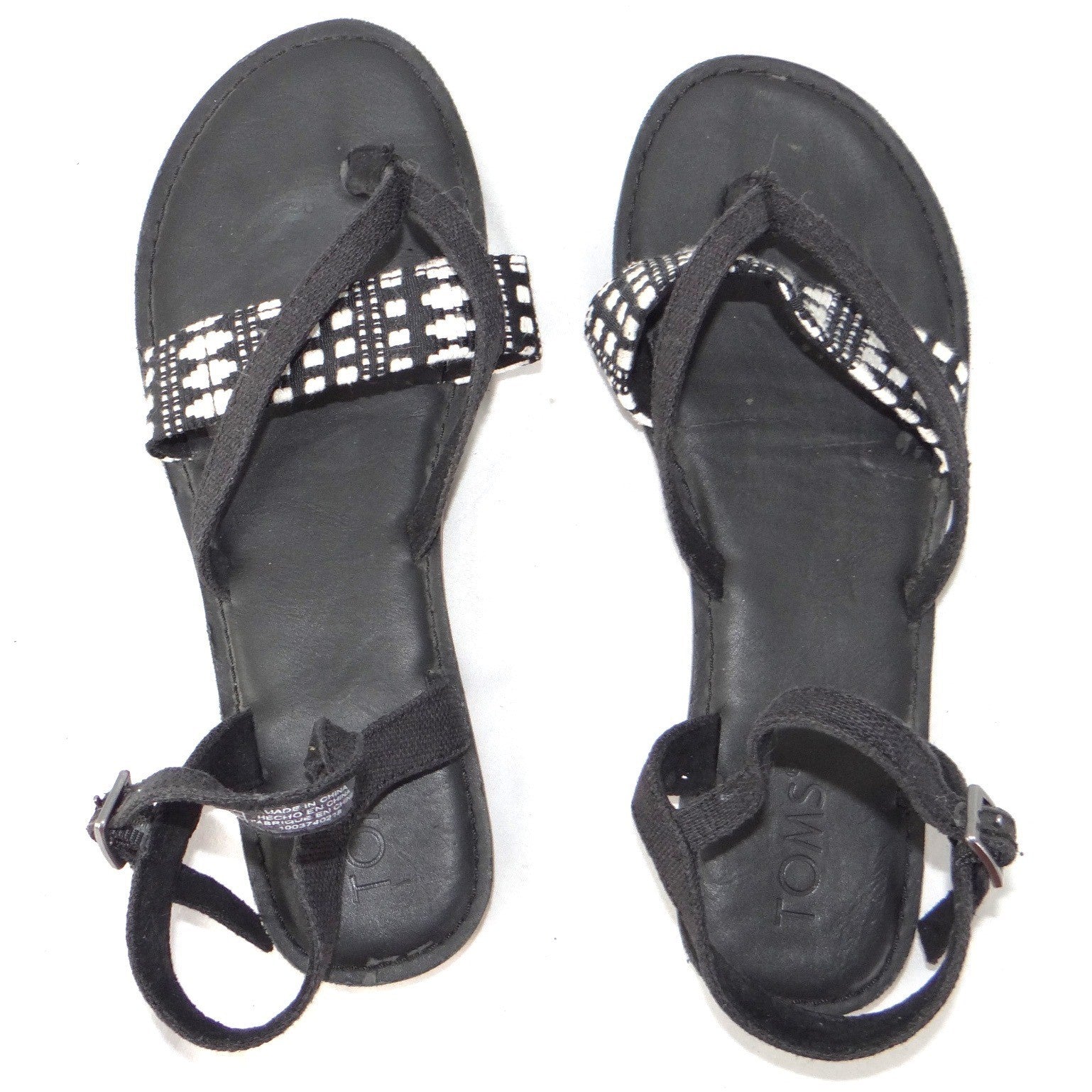 TOMS Lexie Black White Woven Geometric Ankle Strap Flat Sandals Womens 7.5