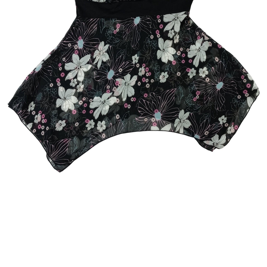Y2k Black Floral Print Tank Flowy Handkerchief Hem Tank Top Women's Size Small