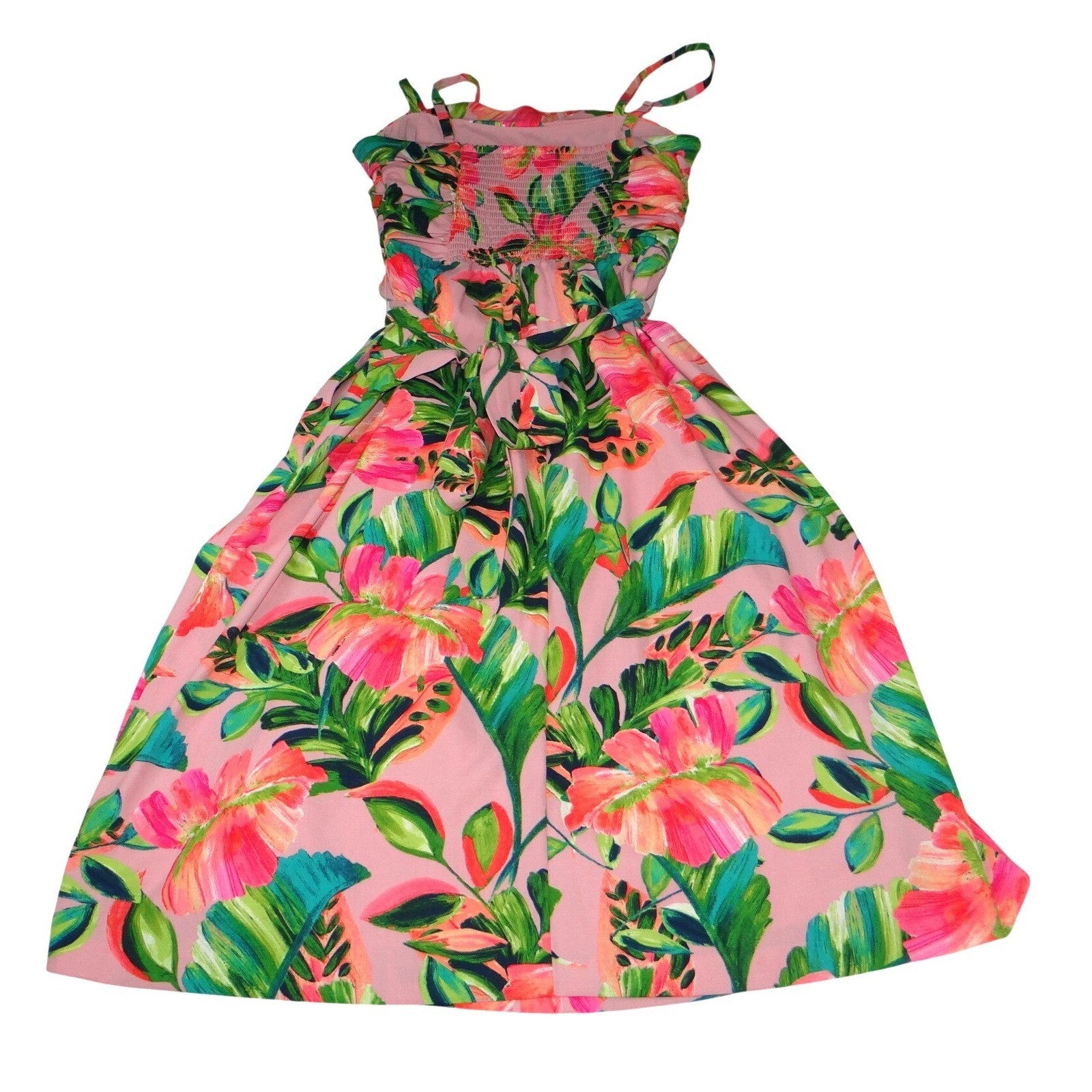Kensie Womens Pink Tropical Floral Hibiscus Smocked Midi Dress Size 2