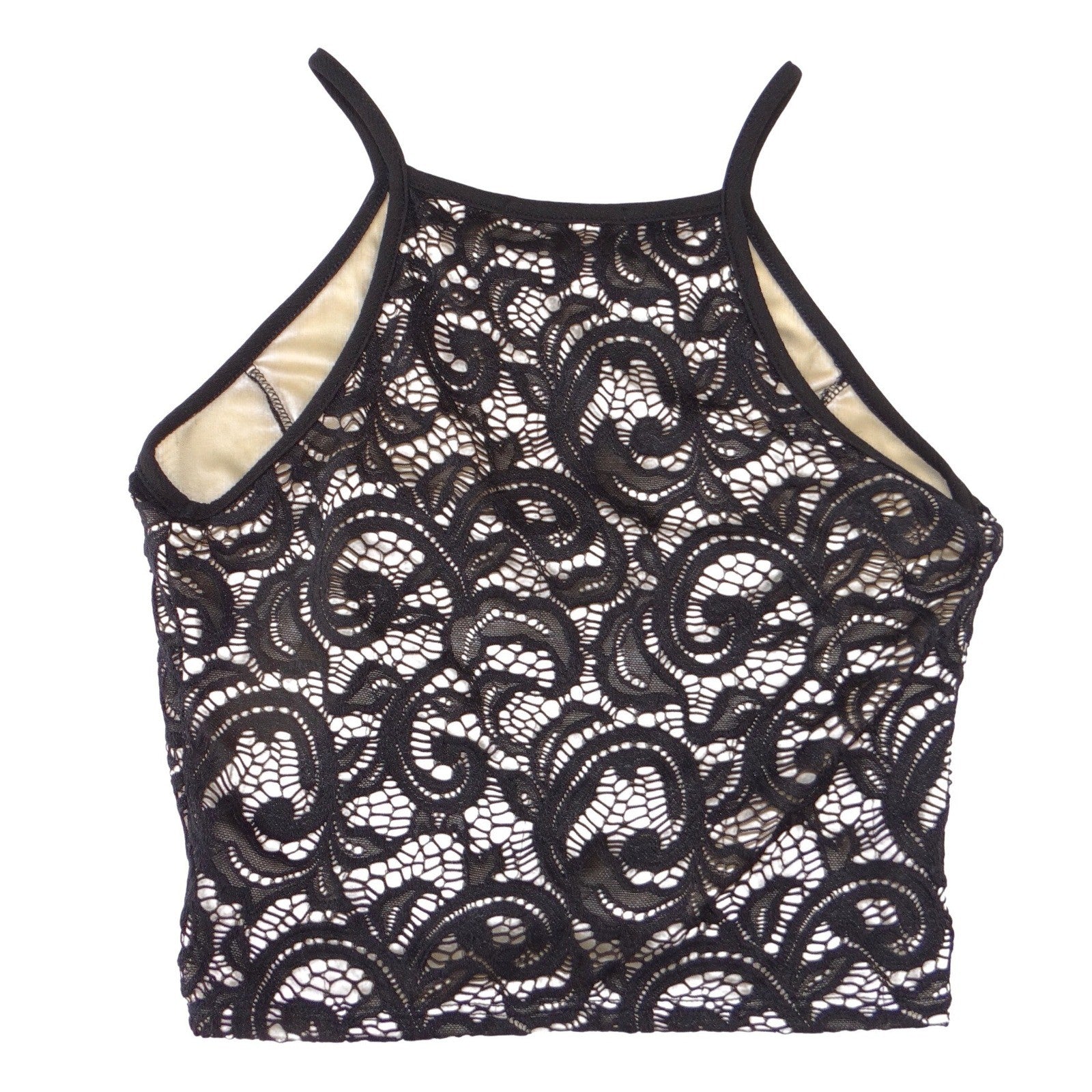 Papaya Womens Black Floral Lace High Neck Crop Top Spaghetti Strap Medium