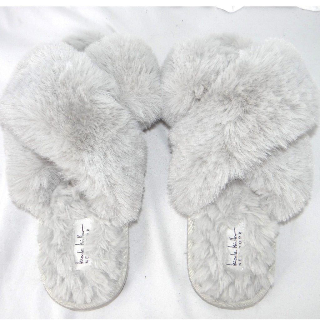 Nicole Miller New York Womens Faux Fur Criss Cross Slippers Grey Size M 6.5-7.5