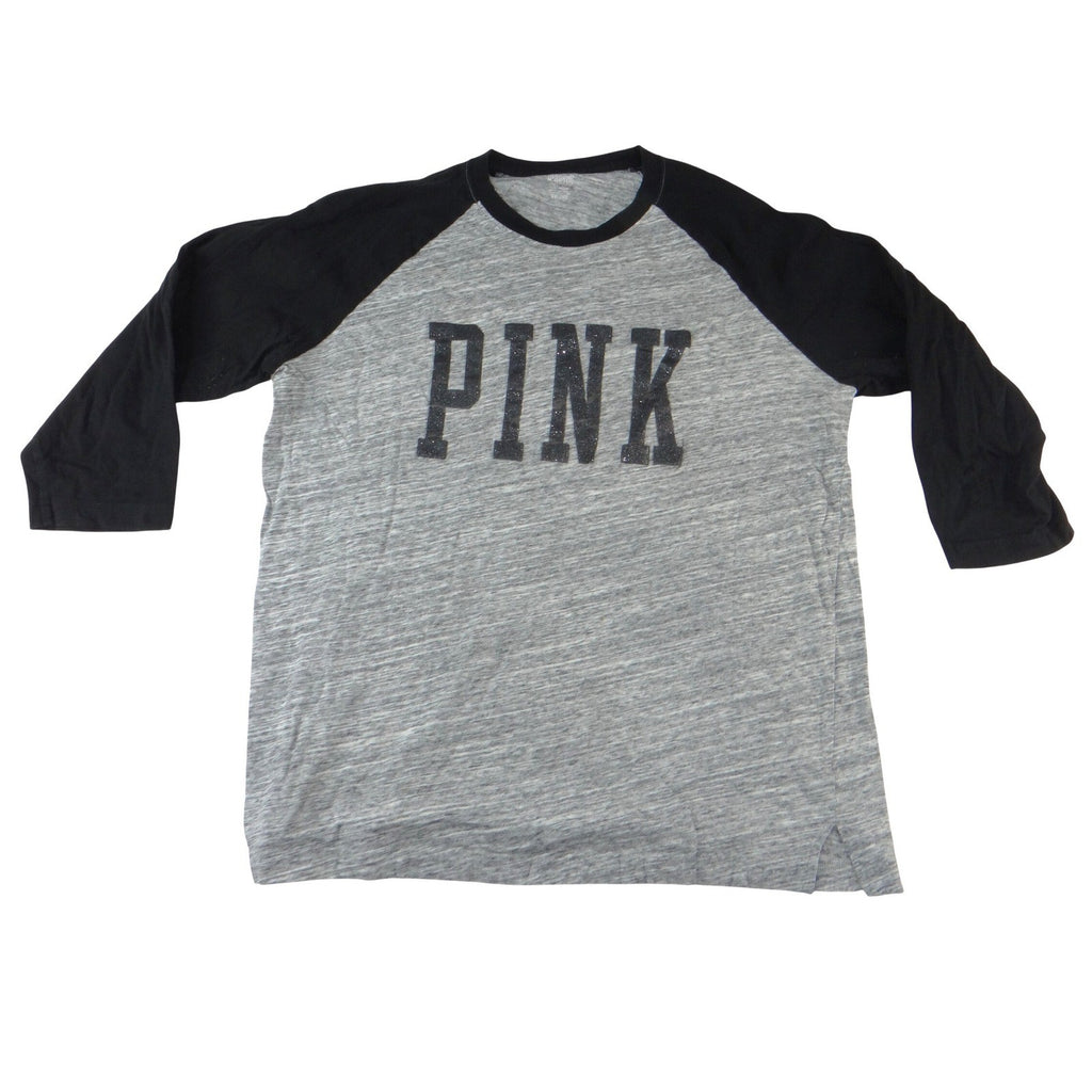 PINK Victoria's Secret Raglan Baseball Tee Gray Black Glitter Logo Size L
