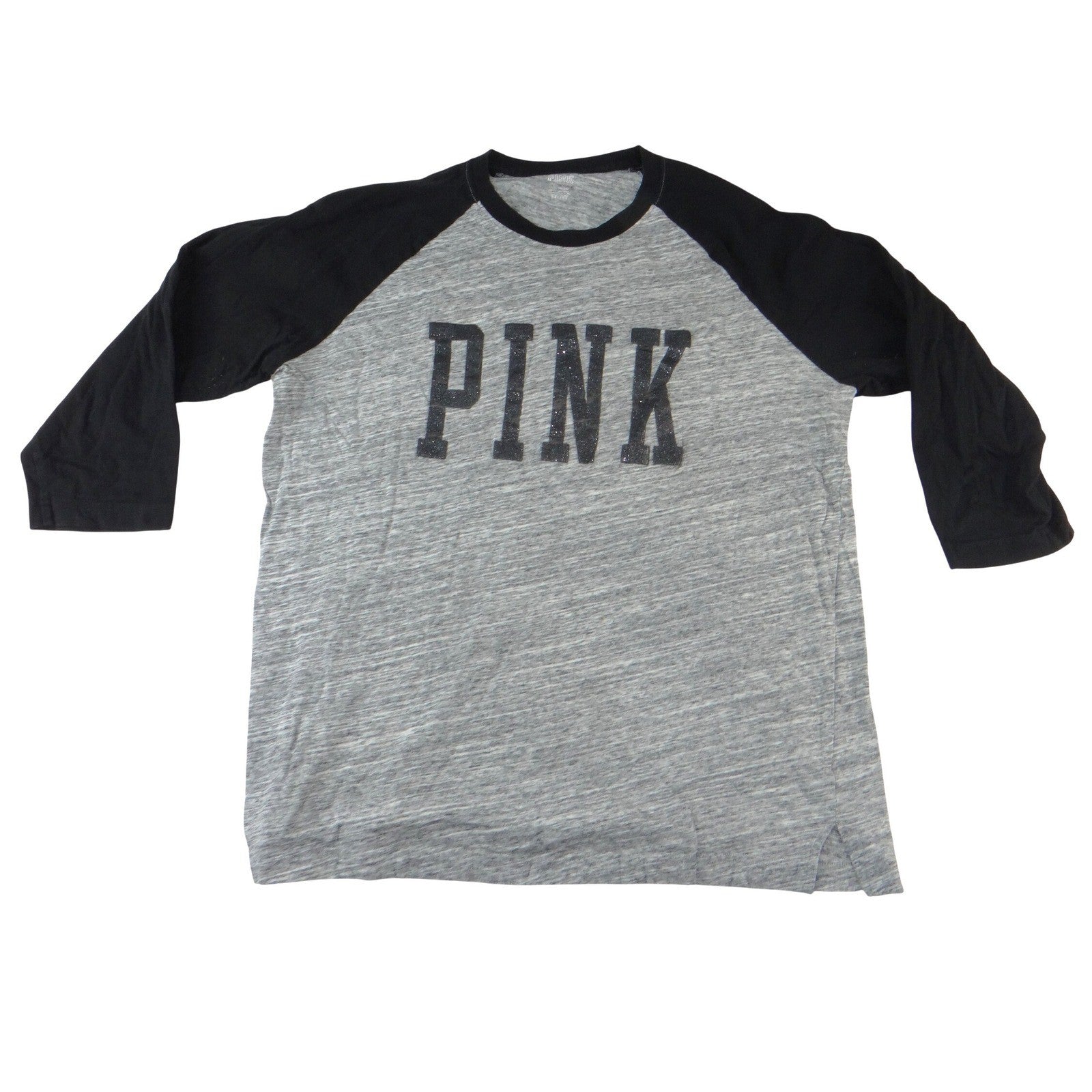 PINK Victoria's Secret Raglan Baseball Tee Gray Black Glitter Logo Size L