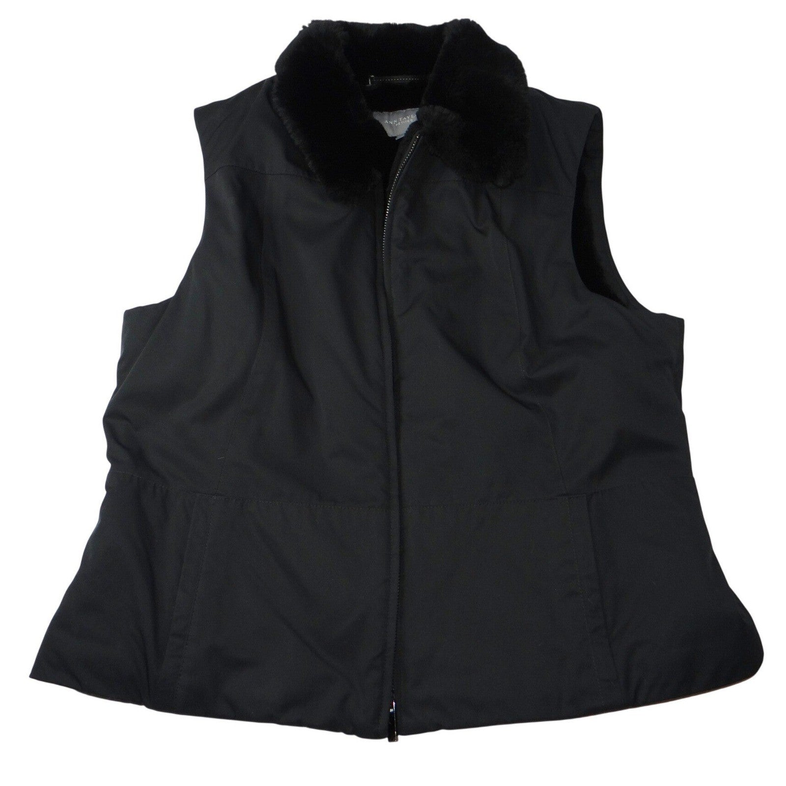 Ann Taylor Petites Black Faux Fur Collar Zip Vest Women Size LP
