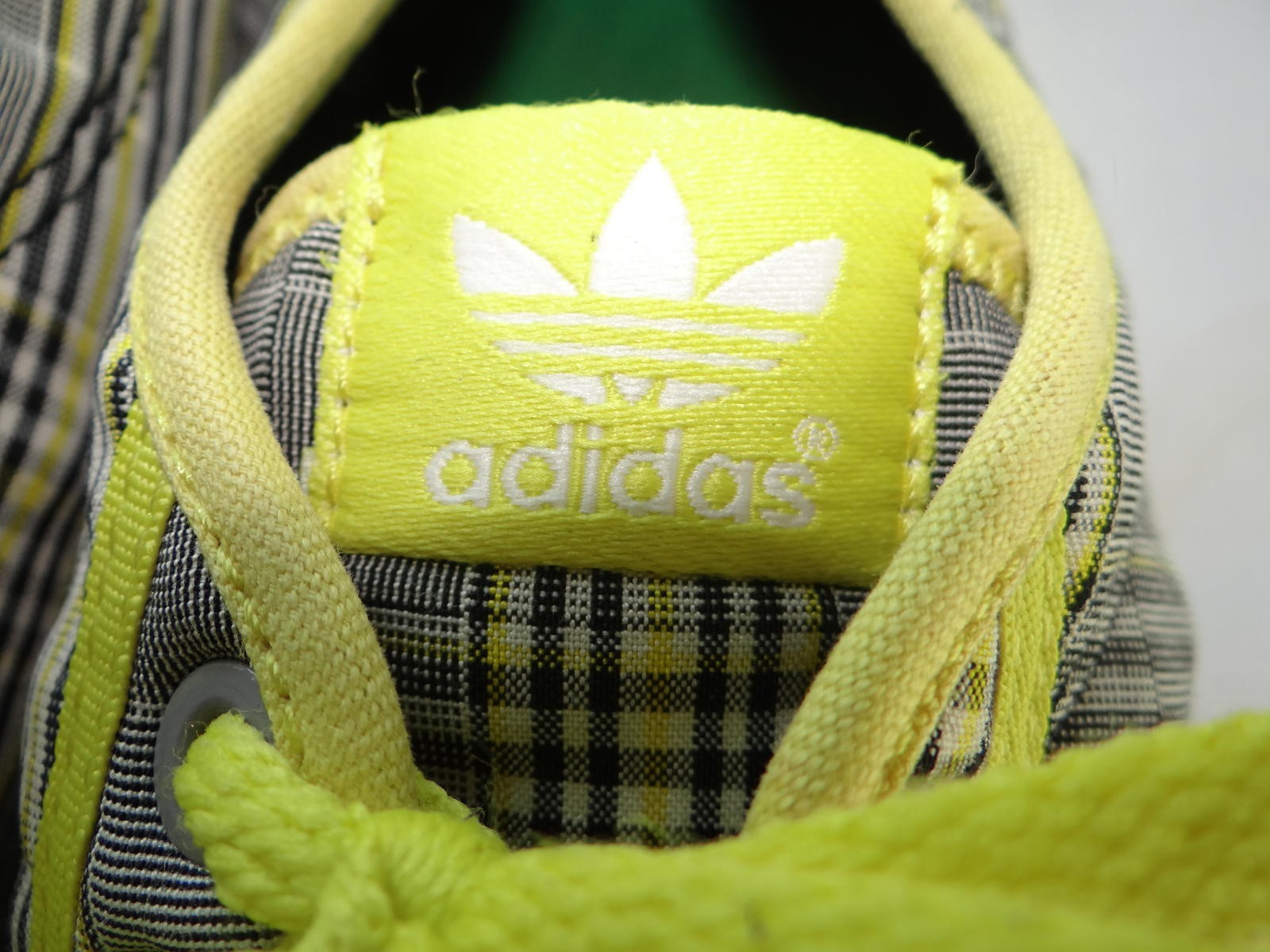 Adidas Plaid Sneakers with Neon Yellow Accents
