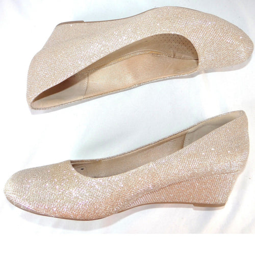 Ankis Womens Gold Glitter Wedge Pumps Round Toe Shimmer Formal Shoes Size 9.5
