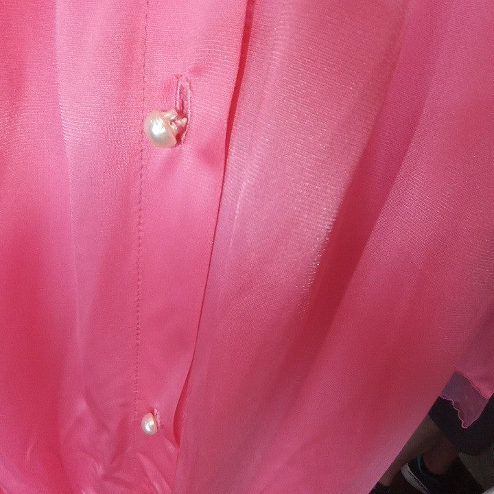 Vintage Princess Lingerie Pink Satin Nightgown Pearl Buttons Sheer Trim Size L