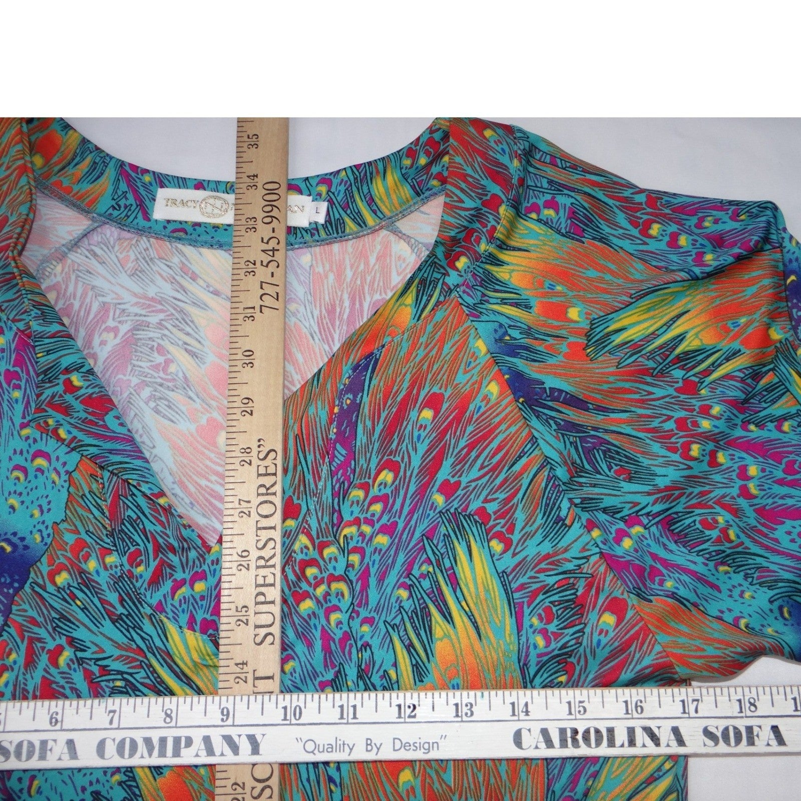 Tracy Negoshian Peacock Feather Print V Neck 3/4 Sleeve Mini Dress Size L