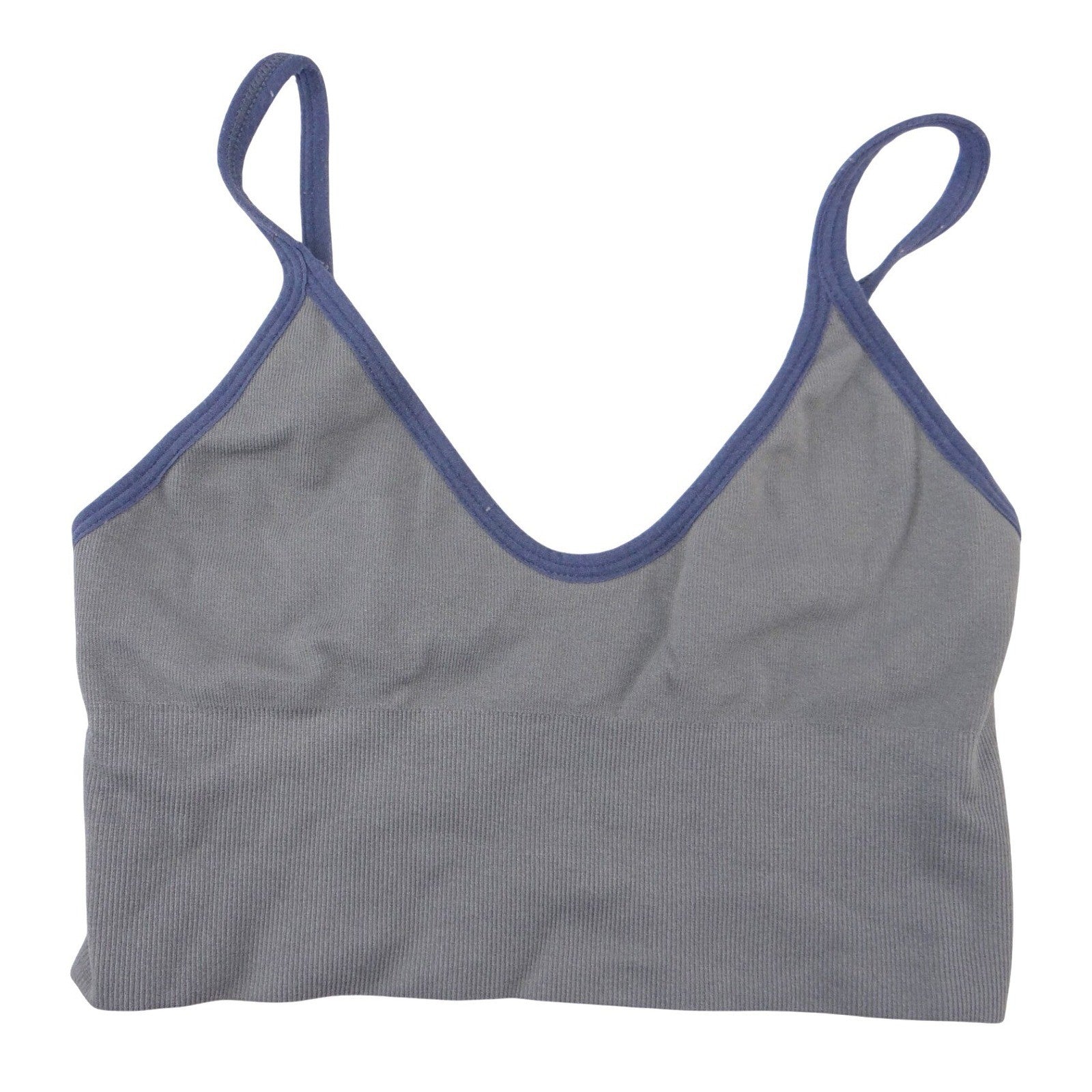 Gray Ribbed Seamless V-Neck Crop Cami Top Navy Trim Small