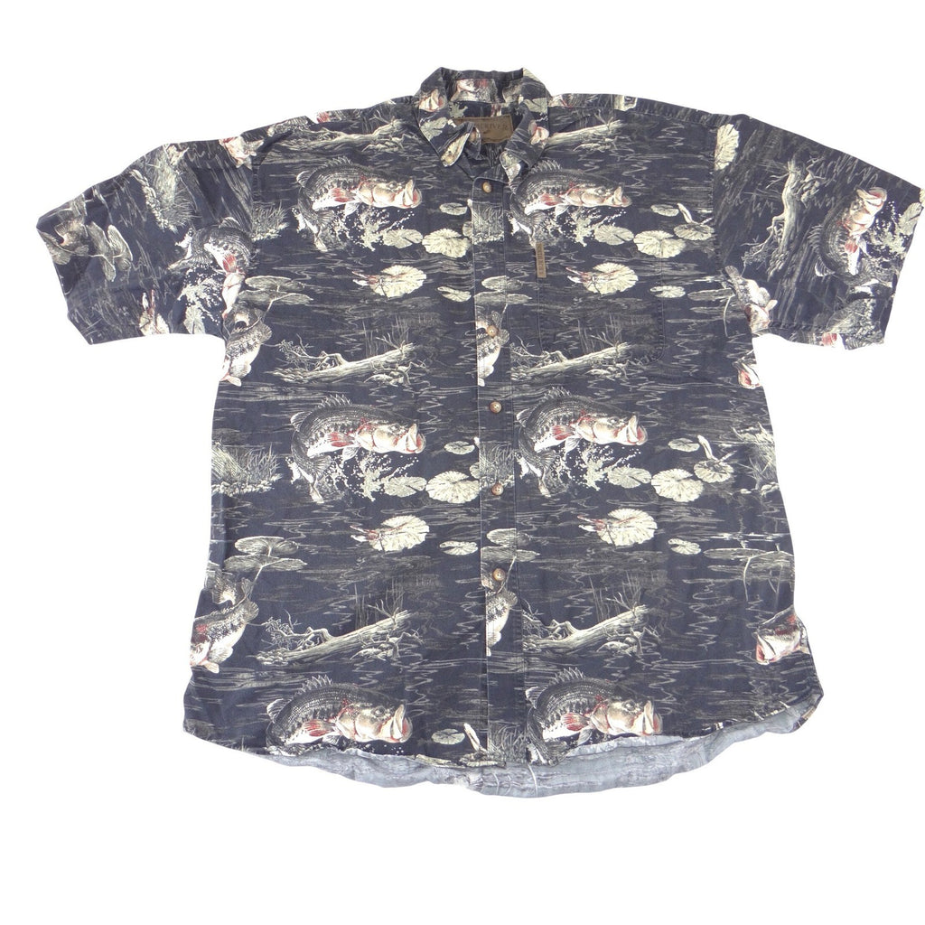 North River Outfitters Mens Bass Fishing Print Button Down Shirt Blue Size M