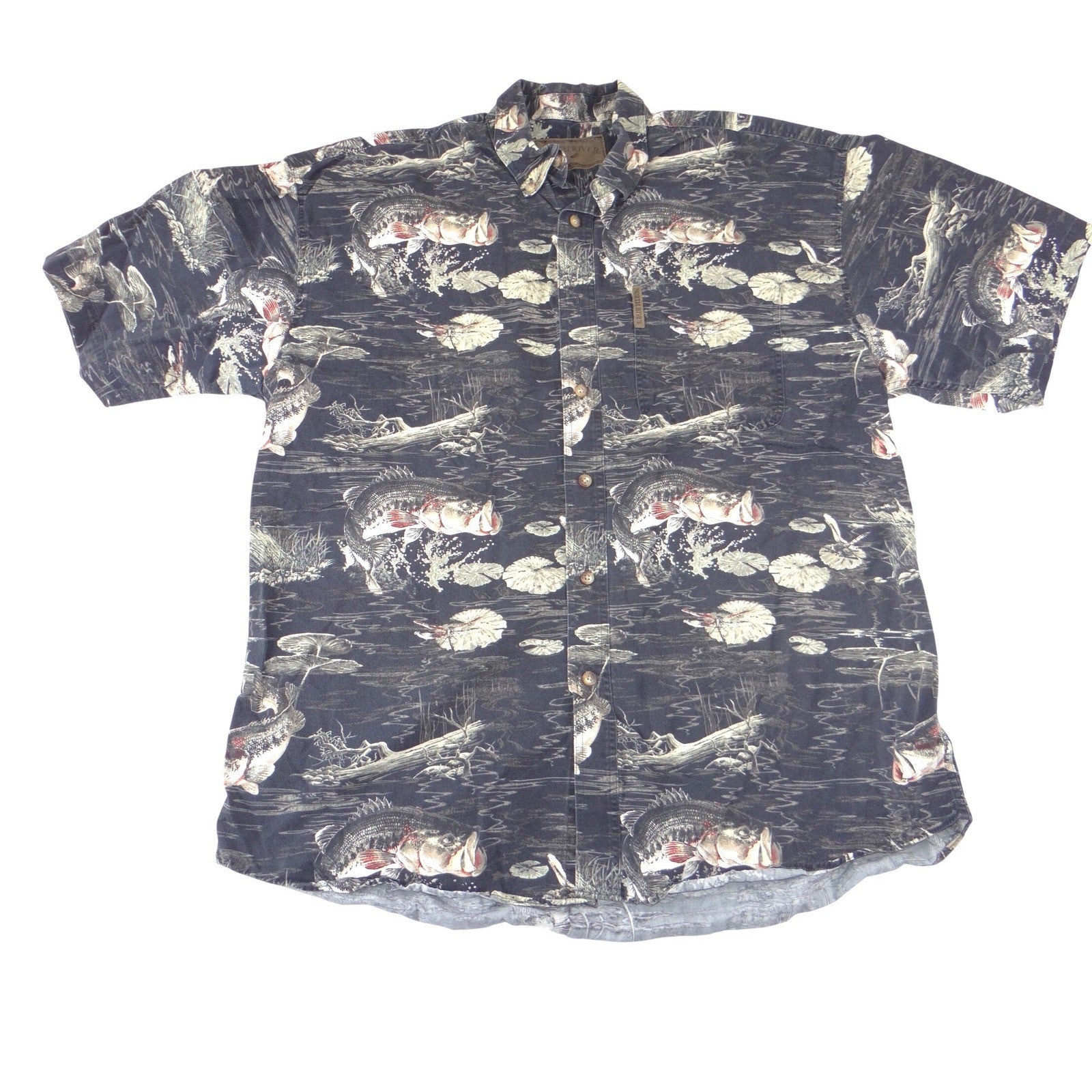 North River Outfitters Mens Bass Fishing Print Button Down Shirt Blue Size M