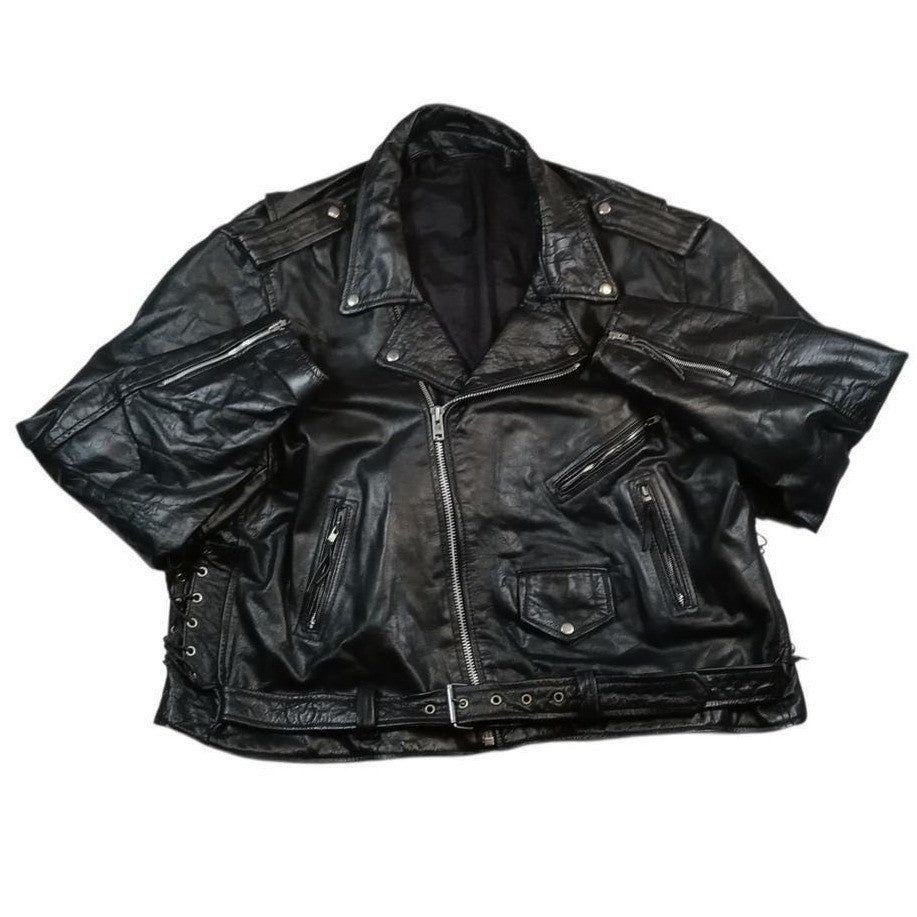Vintage Men's Black Genuine Leather Motorcycle Jacket Belted MADE IN USA