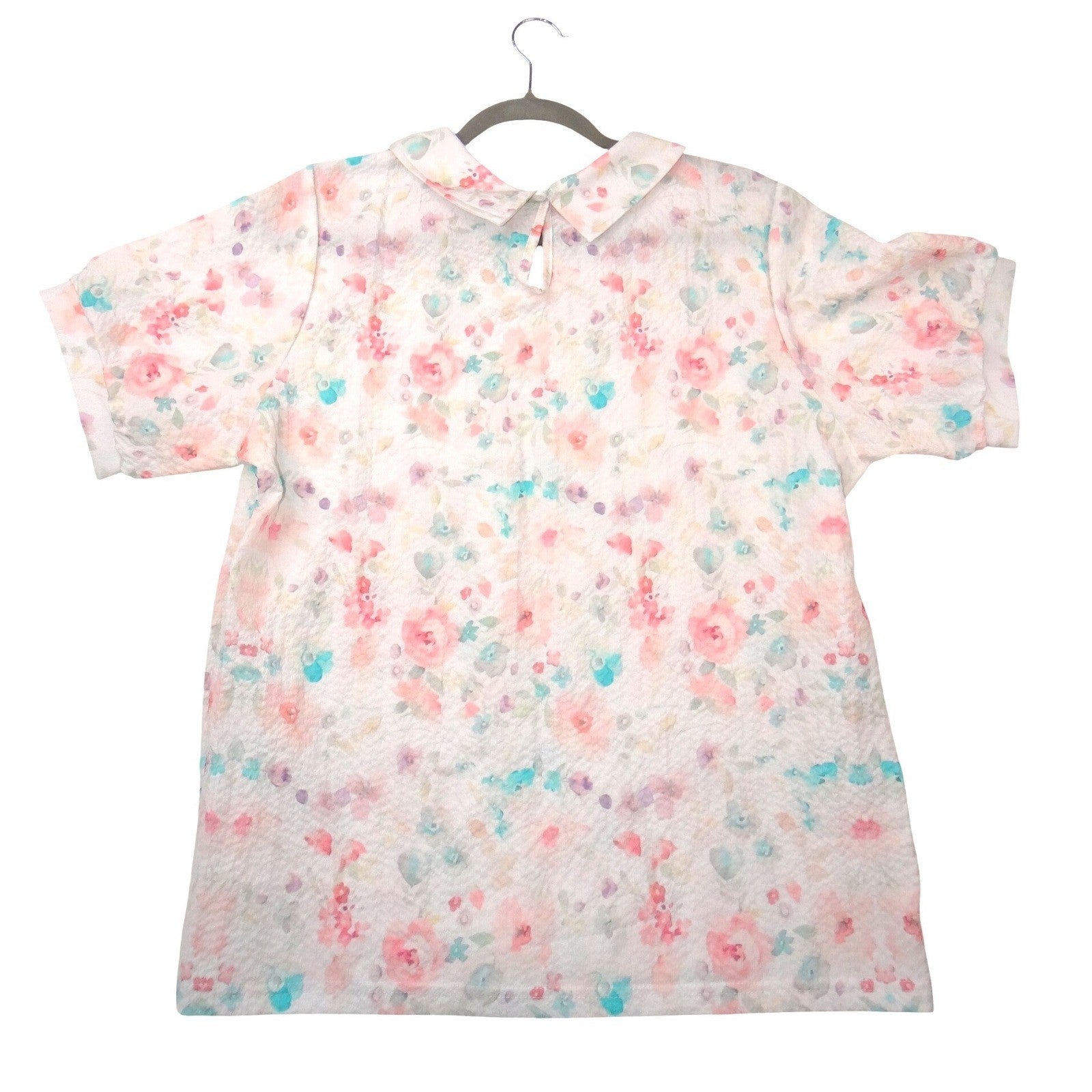 VTG Floral Peter Pan Collar Blouse Short Sleeve Pastel Watercolor Textured Top L
