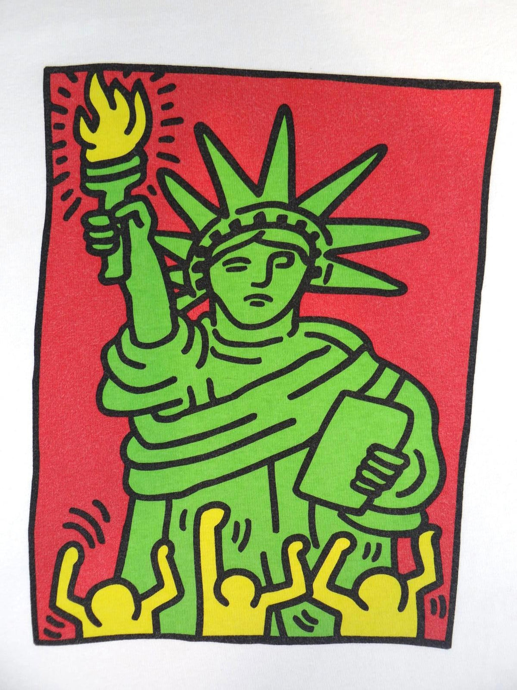 Vintage Keith Haring White Graphic T-Shirt with Statue of Liberty Print - Large