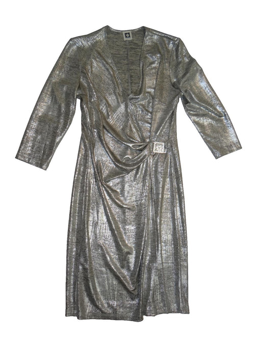 Anne Klein NWOT Silver Metallic Long Sleeve Wrap Dress with Decorative Buckle